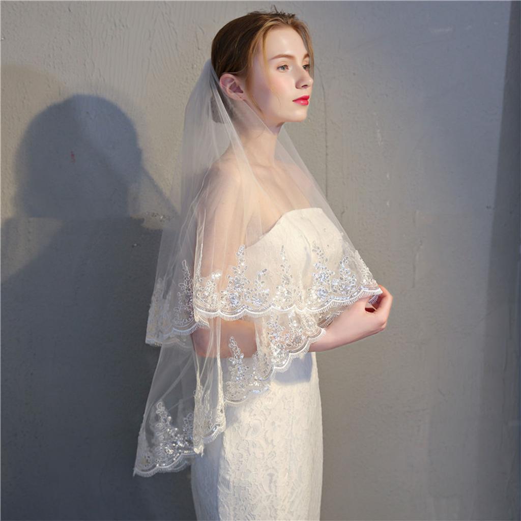 Women 2 Tier Lace Tulle Wedding Veil Exquisite Elegant Shiny Glitter Sequins Bridal Veil with Comb