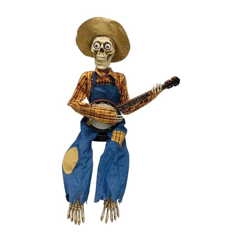 Halloween Banjo Playing Skeletons Decorations Outdoor/Indoor Halloween Party Decors Animated Skull with Light Up eye