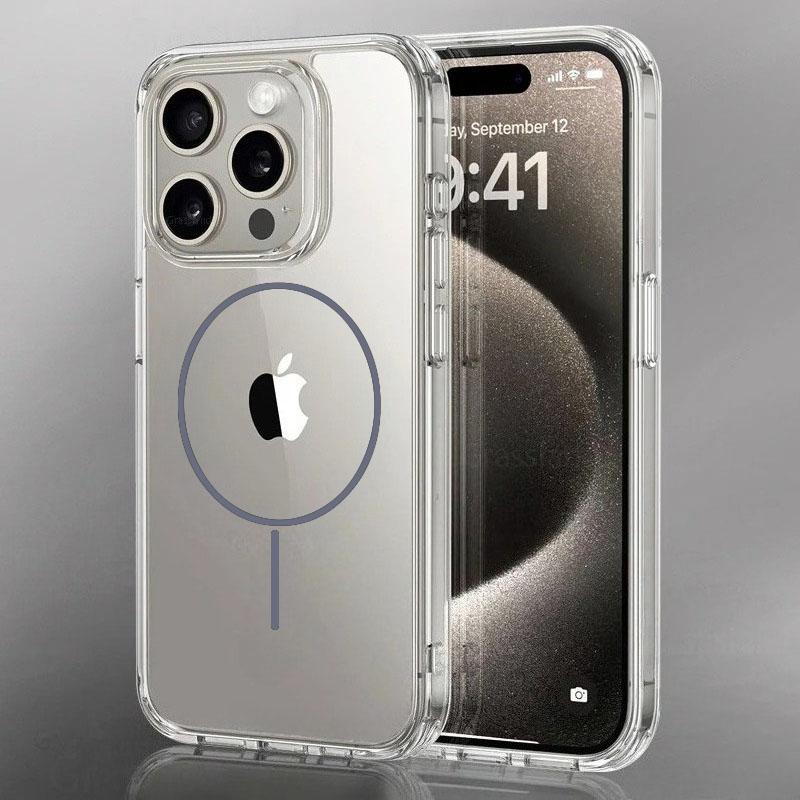Luxury Fine For Magsafe Magnetic Wireless Charge Case for iPhone 16 15 14 Pro Max 13 12 Mini 11 16e Plus Transparent Back Cover