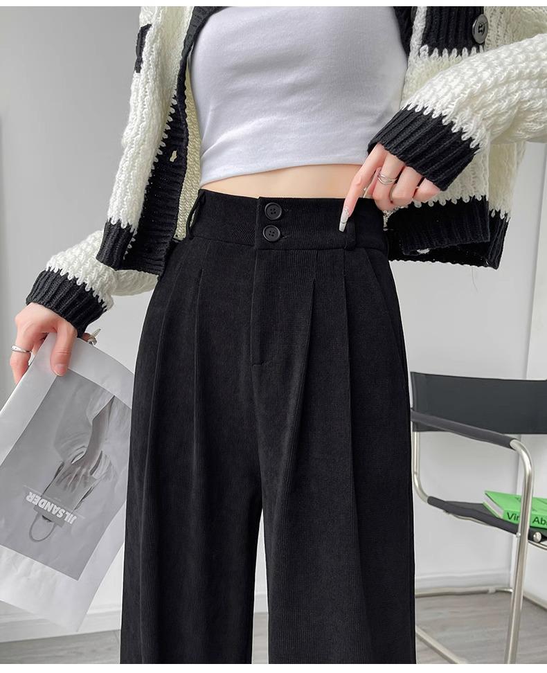 Women's Petite Dark Gray Corduroy Wide-Leg Suit Pants with Fleece Lining for Autumn/Winter