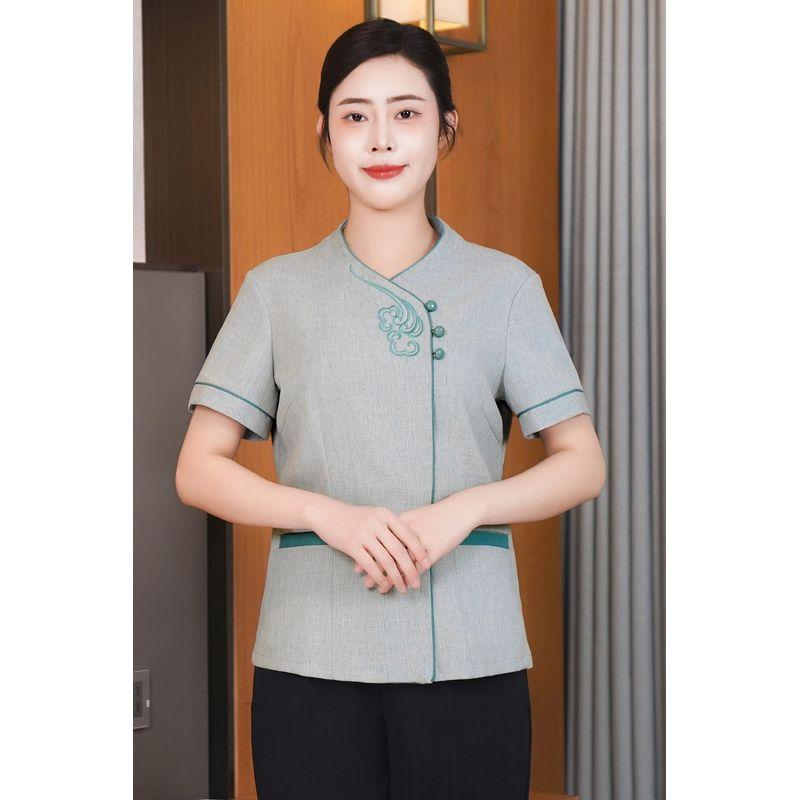 

Sales Department Cleaning Service Uniform Short Sleeve Property Floor Hospital Hotel Guest Room Chinese Waiter Workwear Spring and Summer Suit Women s gray-green short sleeves L