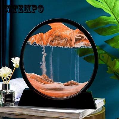 Moving Sand Art Picture Round Glass 3D Hourglass Deep Sea Sandscape In Motion Display Flowing Sand Frame 7inch for Home Decor