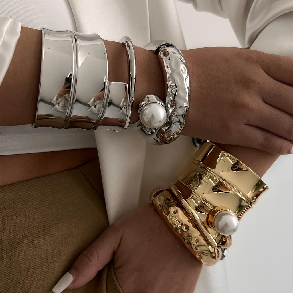 Ingemark Exaggerated Irregular Geometric Metal Chunky Spring Bangles Women Punk Wide Cuff Open Bracelet Unisex Steampunk Jewelry