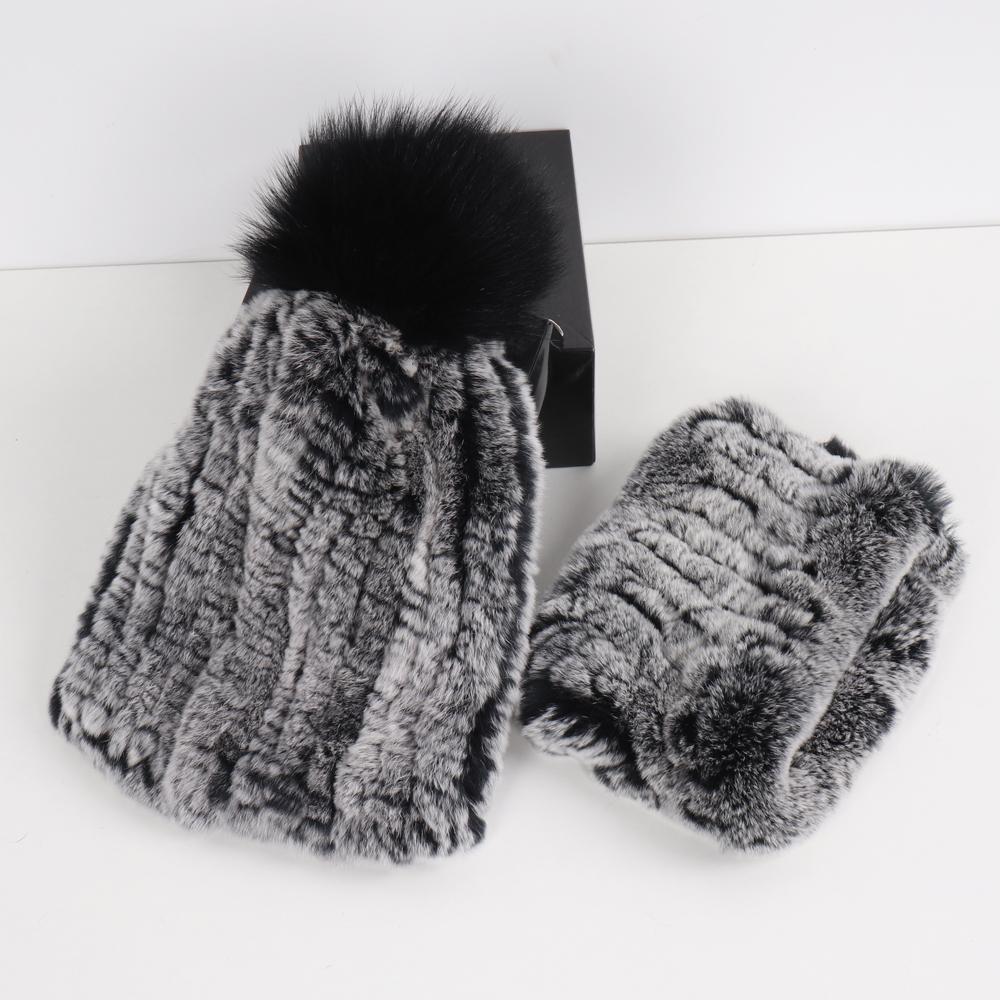 New Fashion Knitted Good Elastic Real Fur Scarf Hat Sets Women Winter Warm Natural Rex Rabbit Fur Scarves Hats Sets