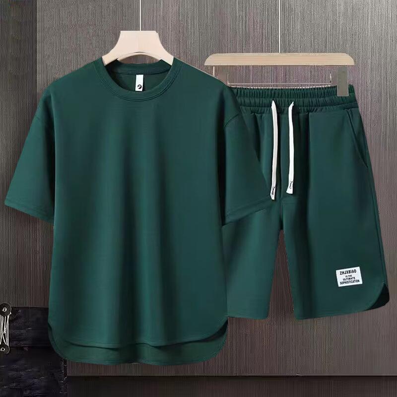 

All-match Summer Men s Short-sleeved T-shirt High Street Youth Shorts Sports Suit Men s Clothing 3XL зелений