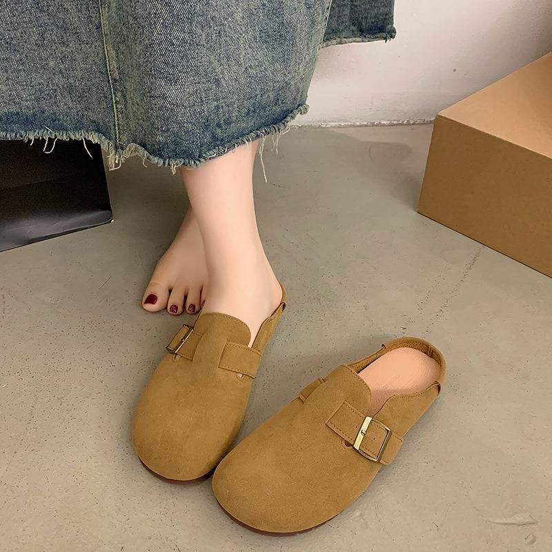 Retro buckle bag head half drag women wear spring new soft bottom lazy soft bottom flat bottom slippers women