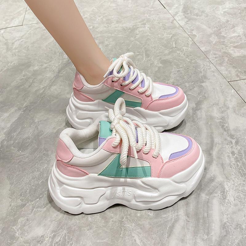 Women New Autumn Fashion Hidden Heels Sports Dad Shoes  Spring Platform  Leather Sneakers