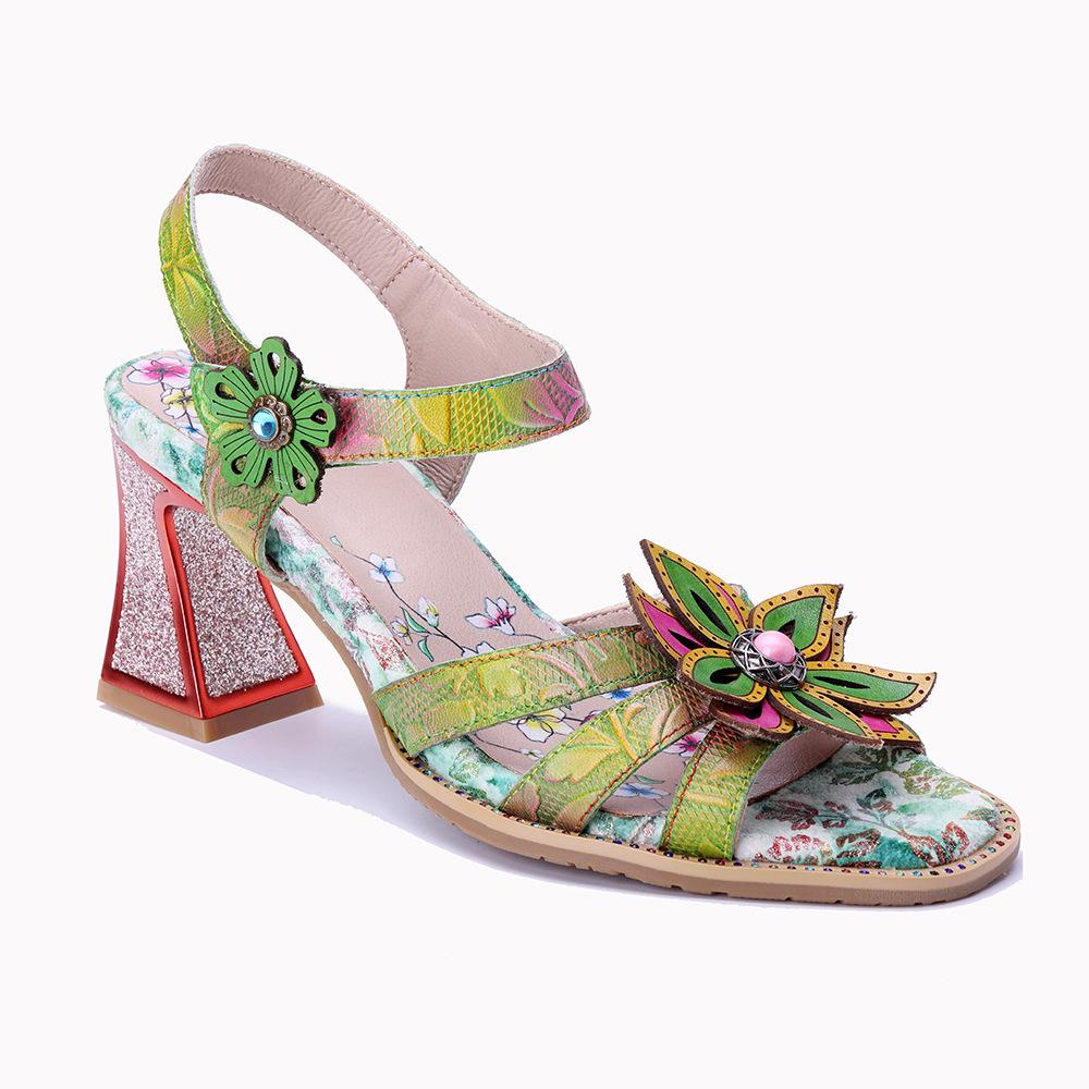 Johnature Women's Summer Shoes Genuine Leather Painted Retro Contrast Comfortable High Heeled Sandals