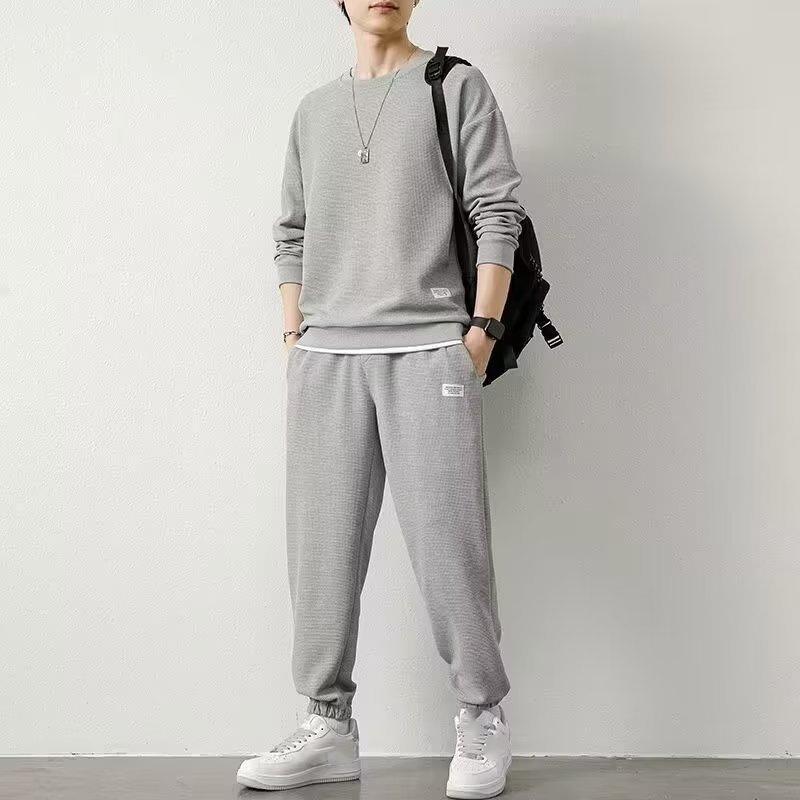 Waffle Sweater Suit Loose Casual Autumn and Winter Round Neck Men's Long-sleeved Trousers Youth Clothes