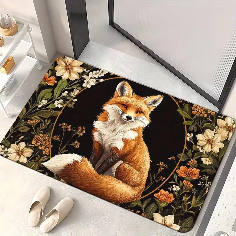 1pz Tappetino Elegante con Volpe Antiscivolo, Tappeto in Poliestere con Vivace Design a Volpe Rossa e Bianca, per Ingresso, Tappetino Decorativo per Pavimento del Bagno