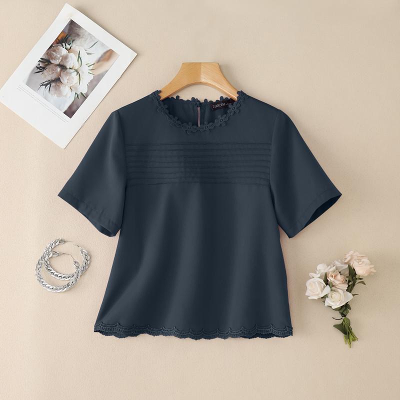 ZANZEA Damen Lässige Spitze Patchwork Rundhals Sommer Kurzarm Bluse