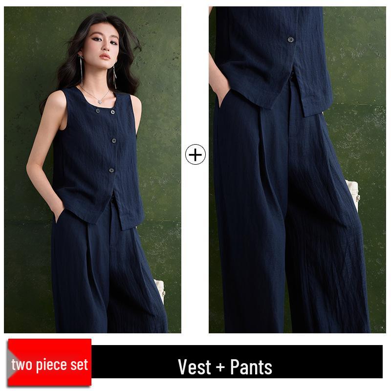 Apricot Linen Suit Vest & Wide-Leg Pants Set for Women - Spring/Summer Professional Two-Piece