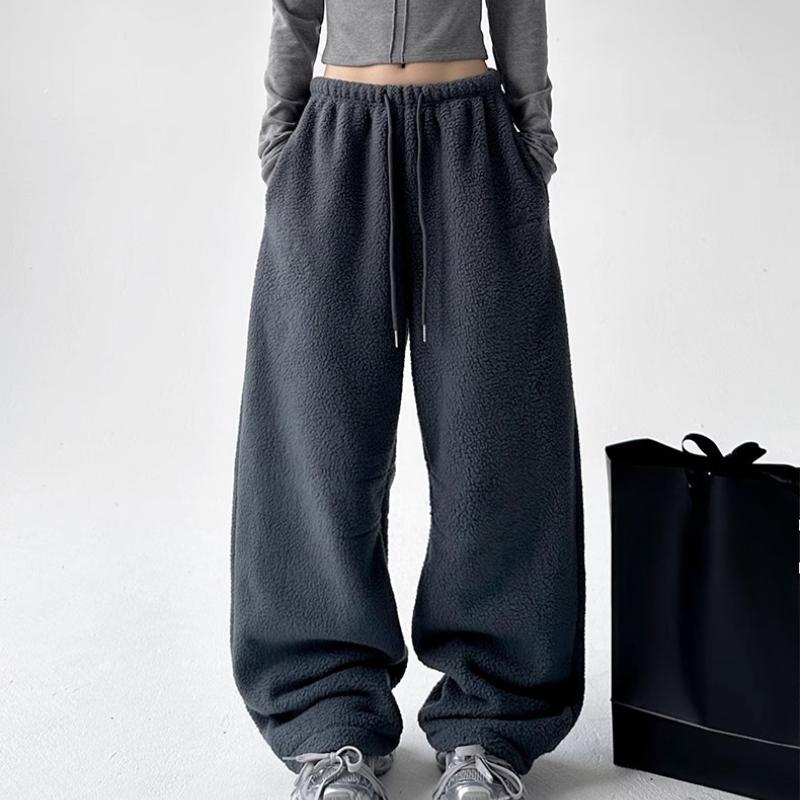 Simple Women's Thickened Pants Elastic Waist Polar Fleece Drawstring Straight Bottom Wide Leg Female Trousers Autumn Winter