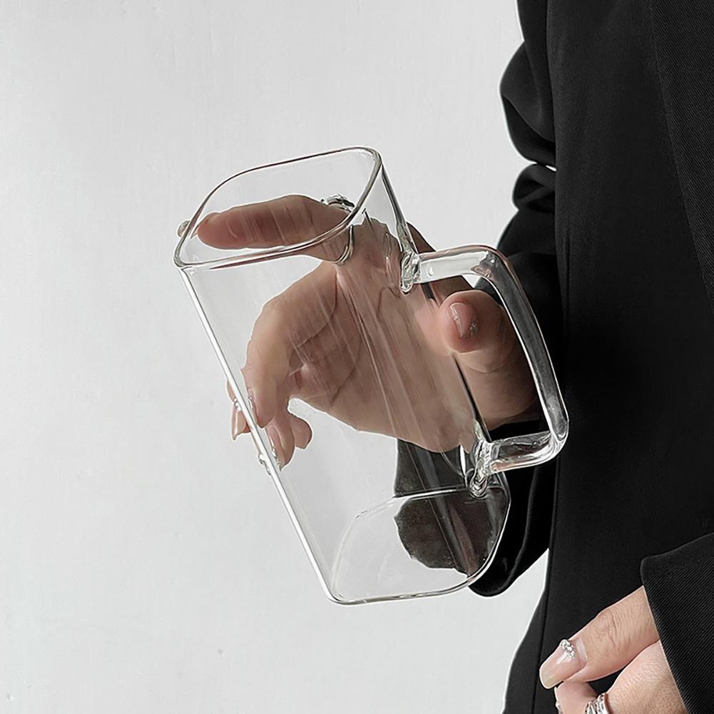 Square Borosilicate Glass Cup with Handle Bamboo Lid and Straw Clear Drinking Glass for Home Office Gift Glass Water Cup