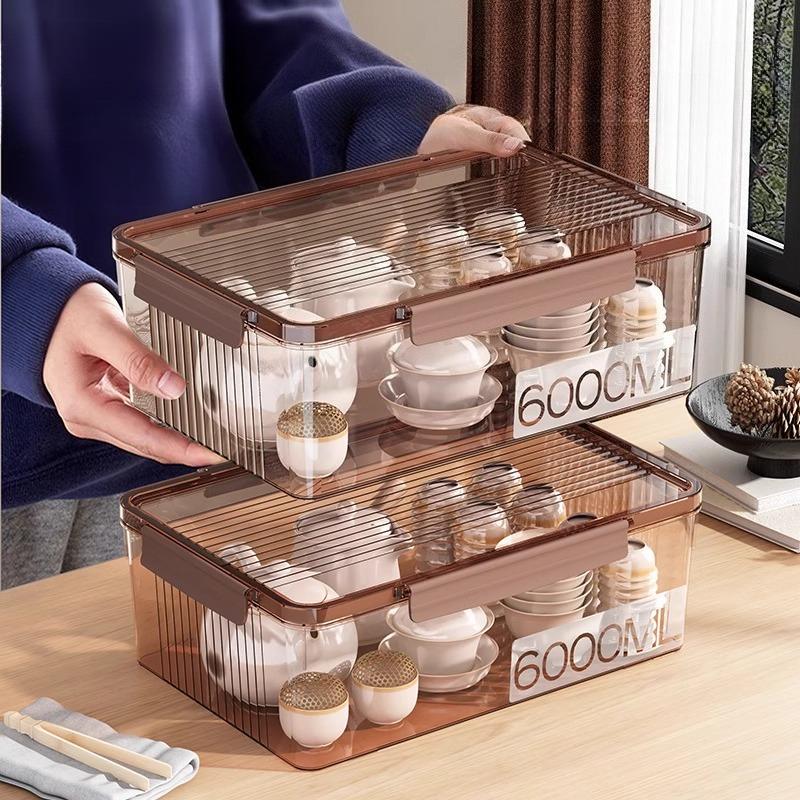 Transparent Tea Set Storage Box Organizer with Cover Dustproof Large Capacity Coffee Table Kung Fu Tea Cup Teapot Storage Boxes