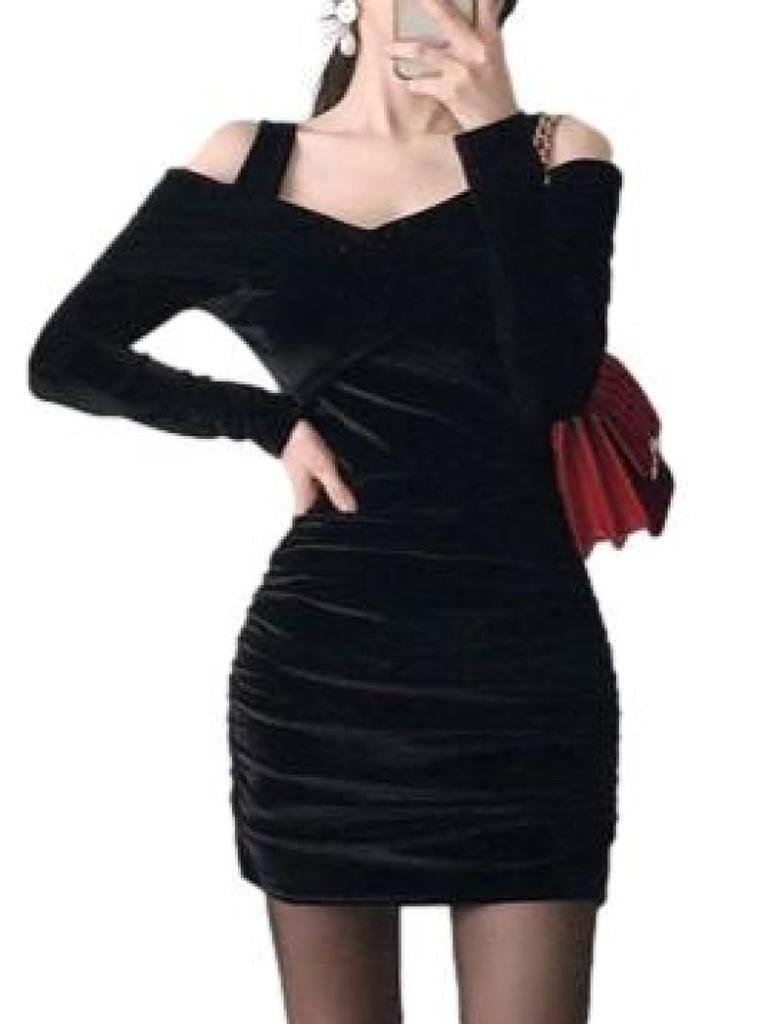 ISLAYCAOLILA EA7 Eliana Cabaret Mini Club Party Tight Mini Long Gathered Women's Dress, Dress, Dress, Dress, Dress, Dress, Velvet, Off-the-Shoulder,