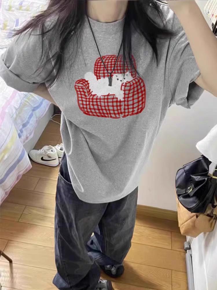 Summer short-sleeved t-shirt new popular kitten print design sense front shoulder American loose short-sleeved top t-shirt