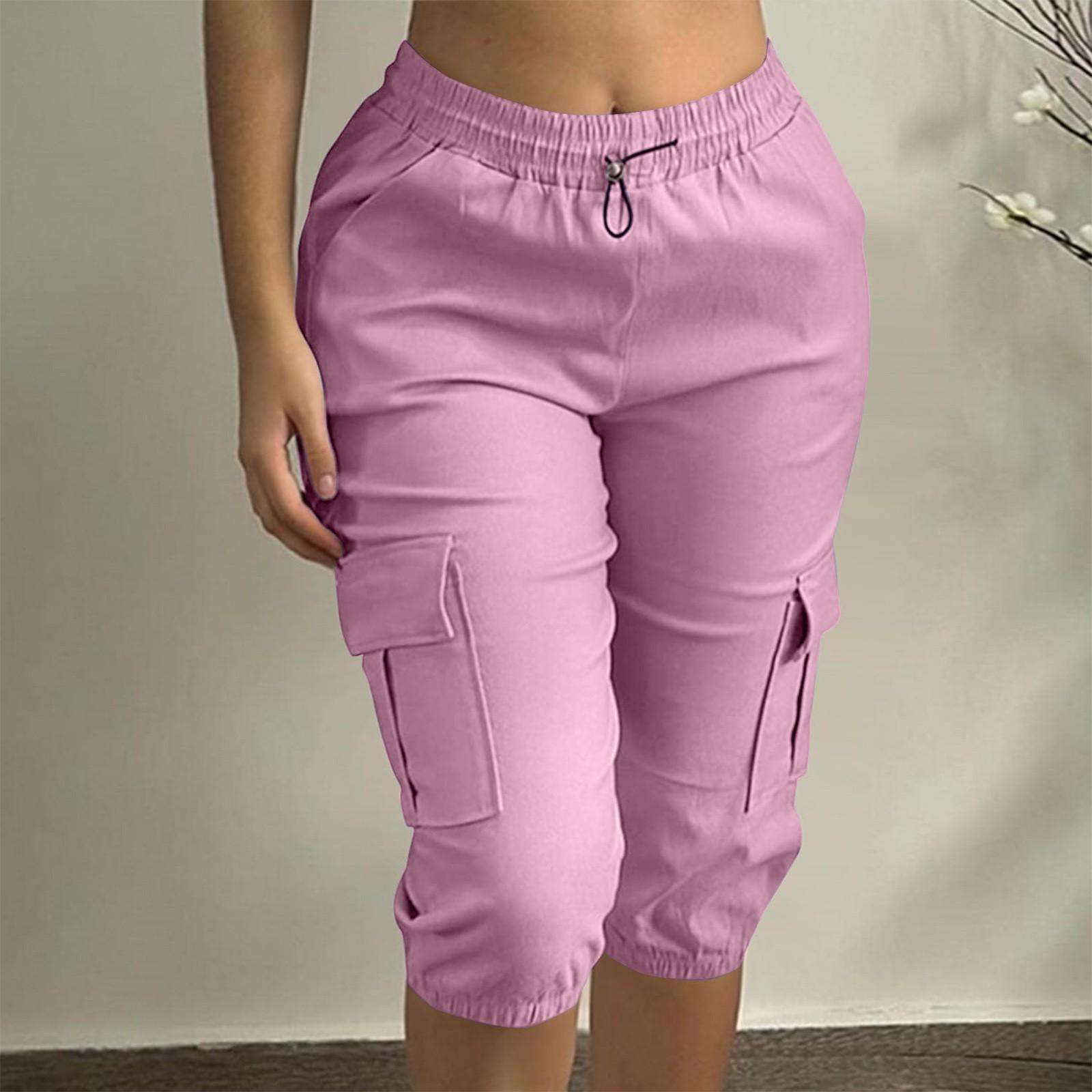 

Женские повседневные однотонные карманные облегающие однотонные повседневные капри с эластичной резинкой на талии XL розовый