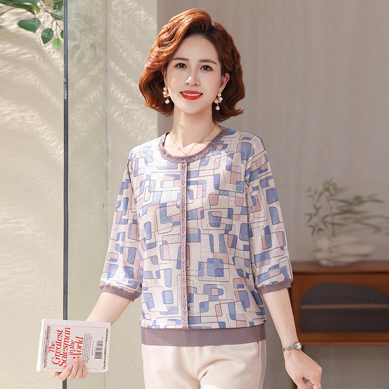 

Spring/Summer Round Neck T-Shirt 2026 for Middle-Aged & Elderly Women - Lightweight Grandma s Summer Top 110 (Up to 110 lbs) синий