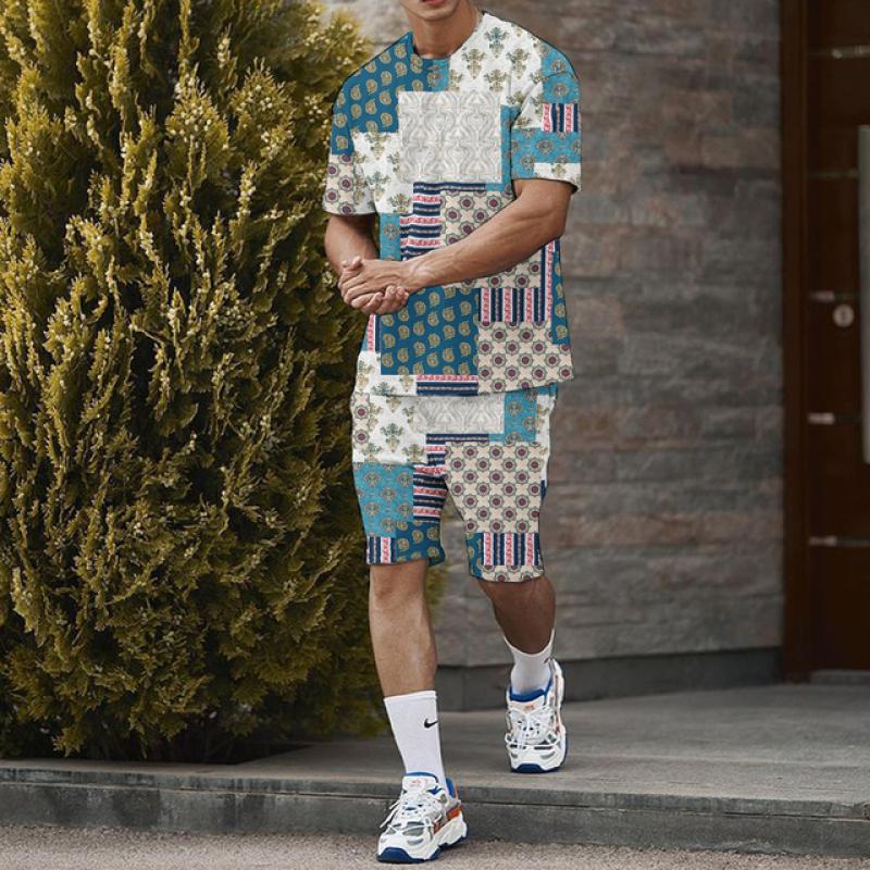 

Летняя мужская футболка с коротким рукавом и шорты, комплект из 2 предметов, модный комплект с цветком кешью и 3D принтом, для спорта, отдыха, пляжа, улицы, большой комплект 5XL