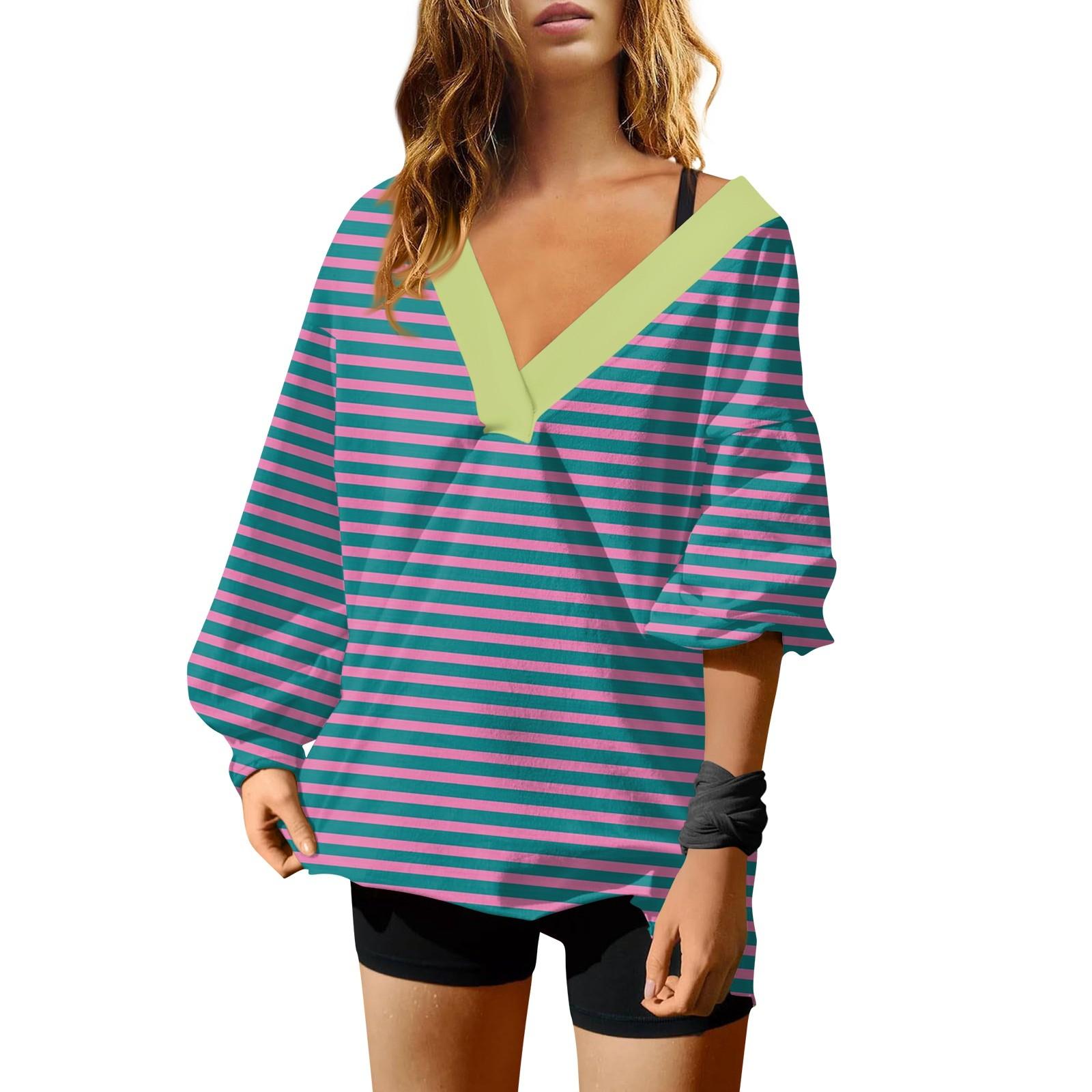 Женская мода полосатый принт V-образный вырез длинный рукав свободный пуловер свитшот — фото 11