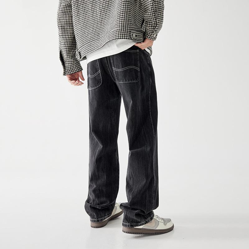 New High Street Retro Japanese Lightning Pattern Washing Jeans Men's Casual Wide-leg Pants