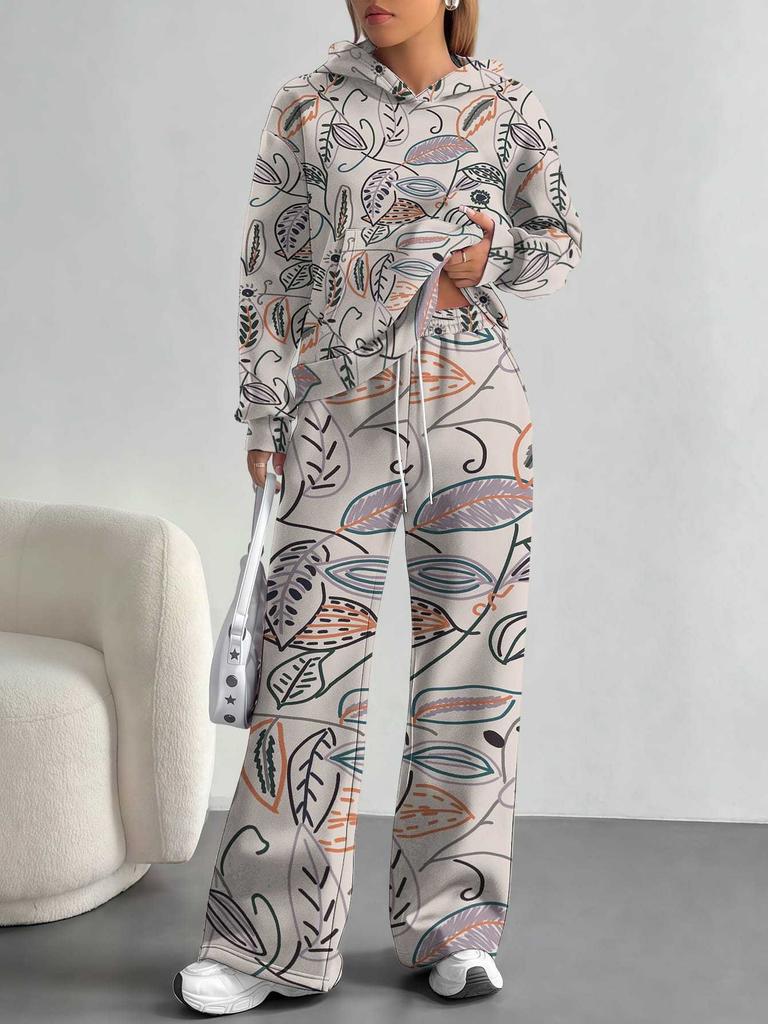 Pink Cherry Print European and American Autumn and Winter Casual Long-sleeved Suit Women's Hooded Sweater Trousers Two-piece Set