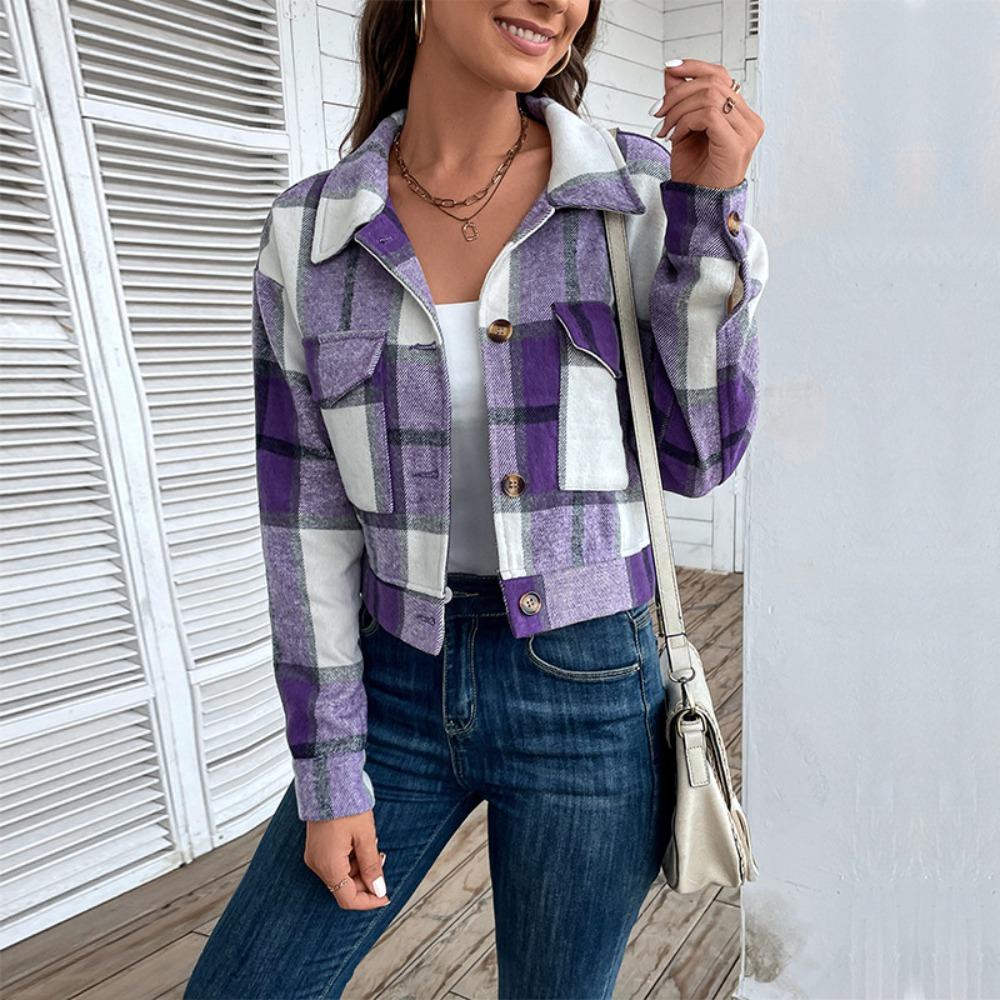 Women's Point Collar Long Sleeve Shacket Loose Fit Retro Fashion Plaid Jacket