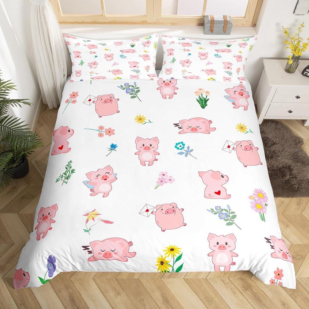 Cute Pig Duvet Cover Set Rose Flower Princess Bedding Set,Girls Women Room Decor,Cartoon Livestock Animal Rustic Comforter Cover