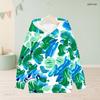 Girls Long Sleeve Hooded Sweatshirt Green Blue Leaf Printed Pullover