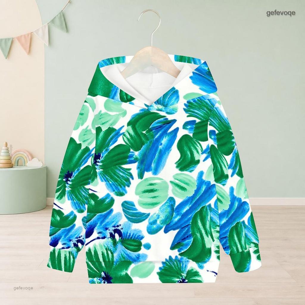 Girls Long Sleeve Hooded Sweatshirt Green Blue Leaf Printed Pullover