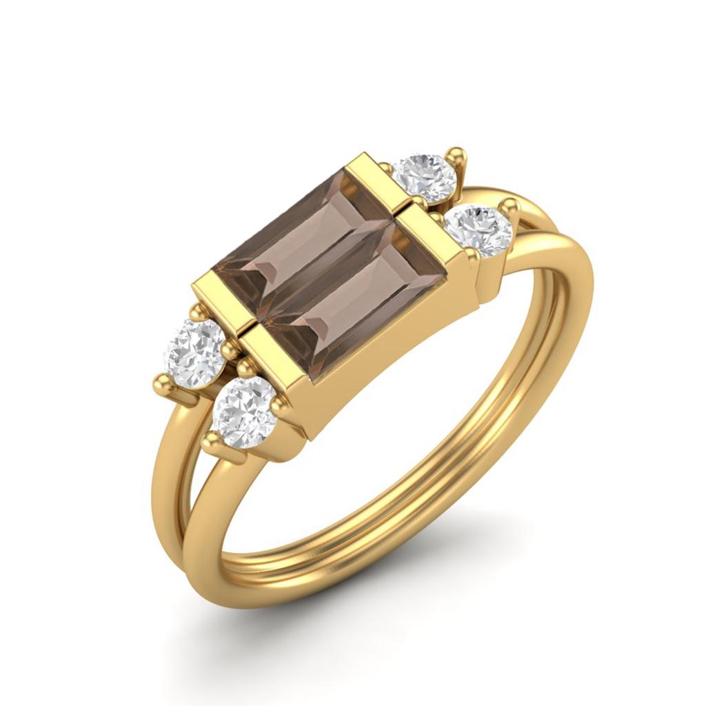 1.52 Ctw Baguette Smoky Quartz 925 Sterling Silver Gold Vermeil Dual Spilt Shank Women Wedding Ring