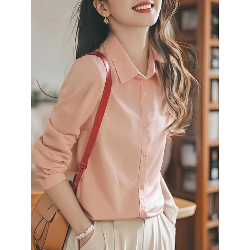 Womens Long Sleeve Cotton Shirt White Blue Pink Yellow Beige Camel Slim Fit Office Work Blouse Professional