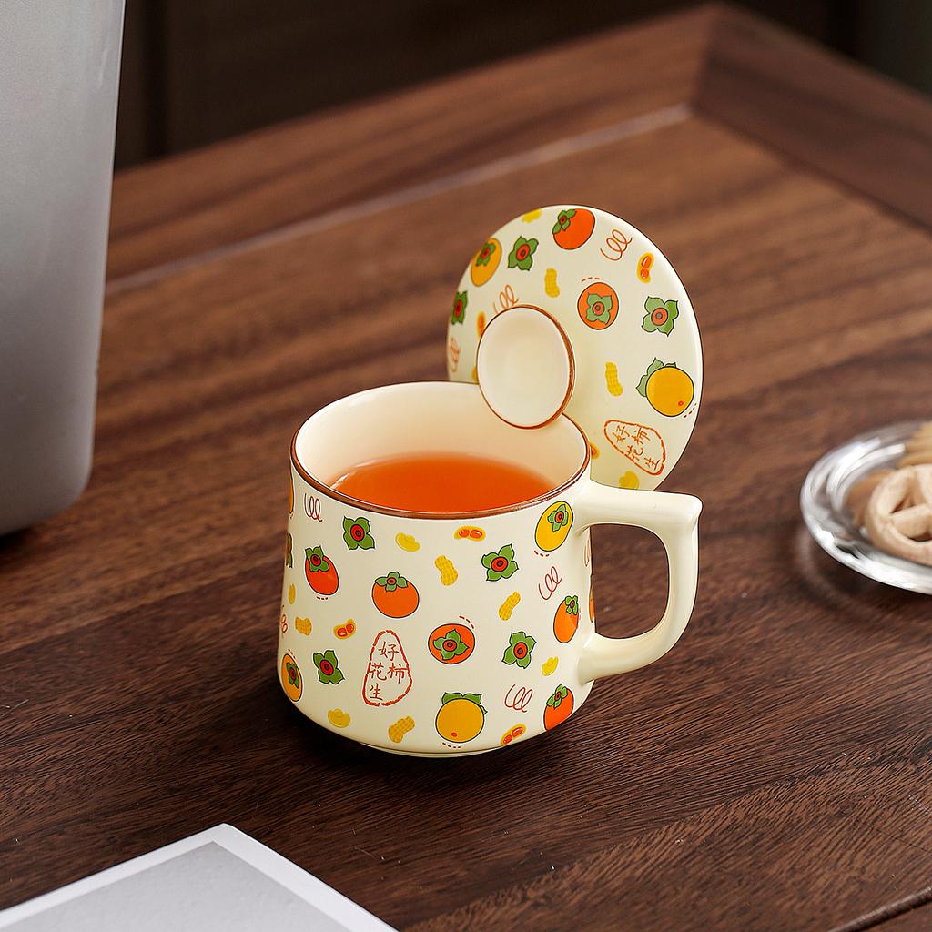 Good persimmon peanut business water cup office cup set household mug teacup ceramic business gift with lid