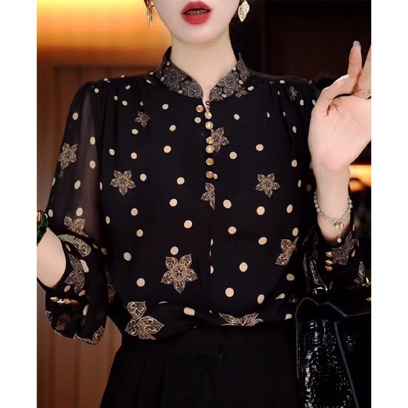 Fashion polka dot printed stand-up collar shirt women's spring and summer new loose meat covering long sleeves foreign style mother clothing thin top