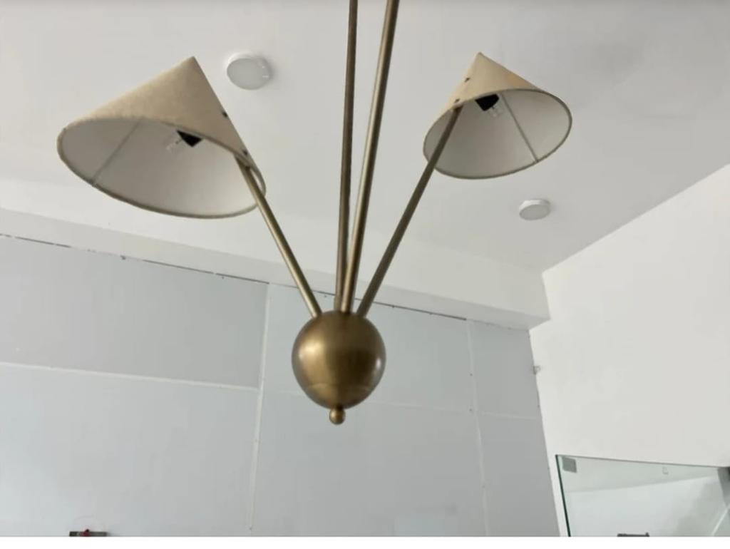 3 Light Fabric Shades Pendant Mid Century Modern Raw Brass Sputnik Chandelier Light Fixture