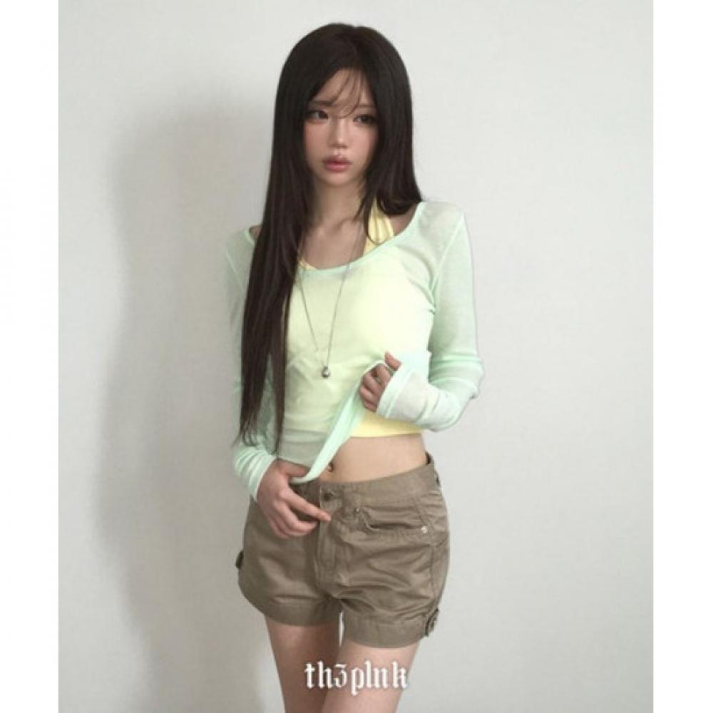 The Pink Women Summer Sheer Long Sleeve T shirT + halTer Neck Crop Top seT