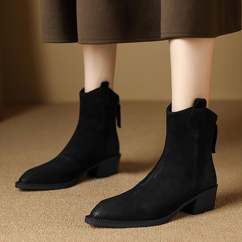 Fashion NEW Autumn Women Boots Pointed Toe Chunky Heel Shoes Genuine Leather Shoes for Women Concise Zipper Ankle Boots Western Boots