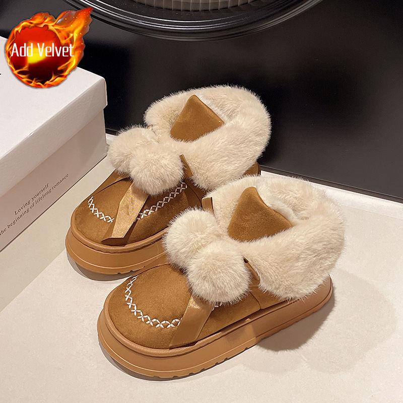 Fashion Cute Bow Snow Boots for Women Plush Round Toe Chunky Woman Shoes Non Slip Warm Footwear Trend 2025 Padded New in Winter Booties