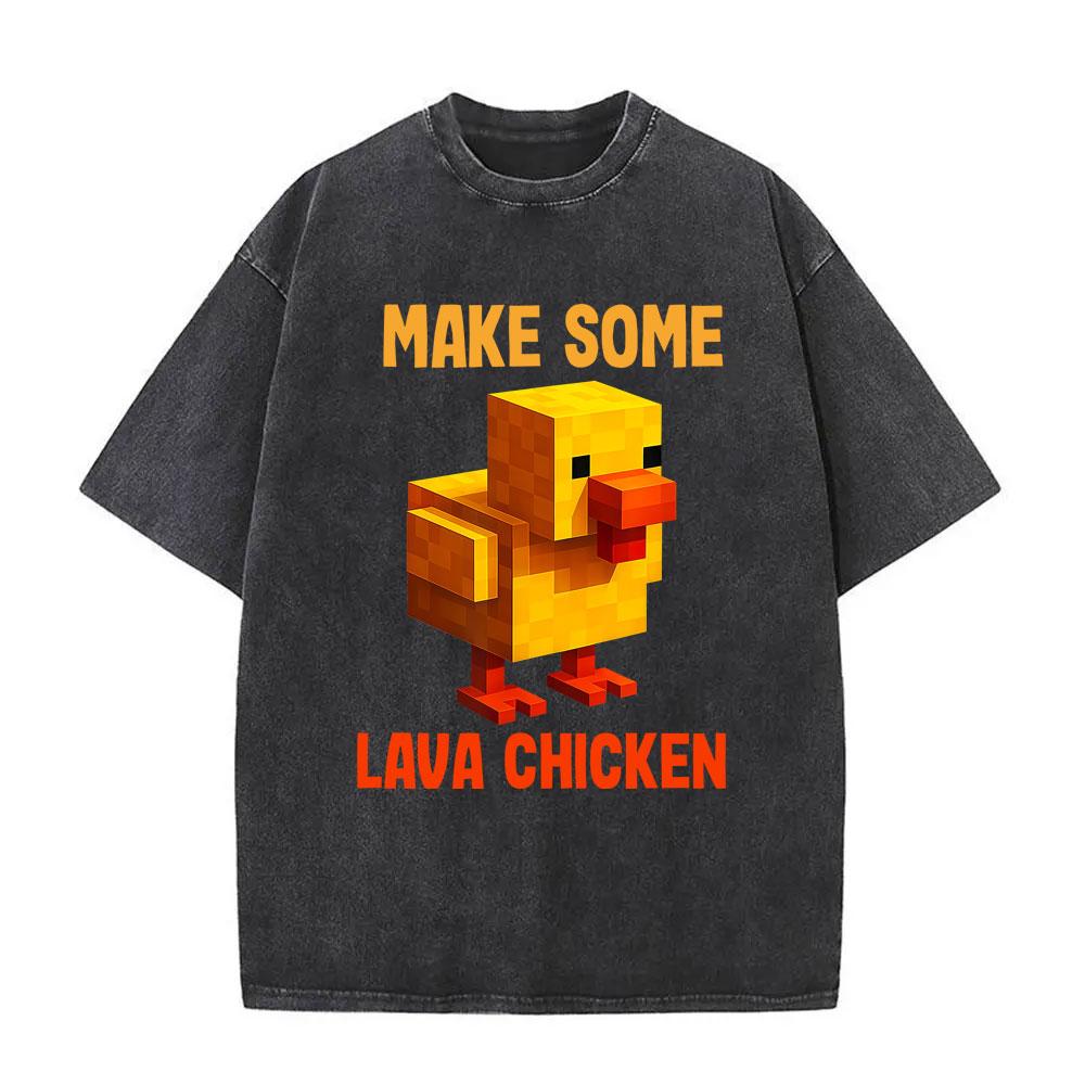 Chicken Game Make Some Lava Chicken Print Washed T-shirt Funny Miners Graphic T Shirts Unisex High Quality Vintage Tshirt Tops S разноцветный