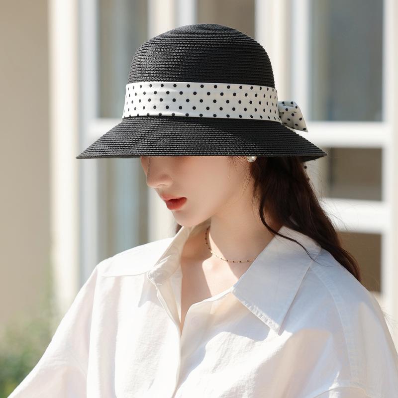 Summer new hat women's streamer raffia hat sunshade sunscreen hat breathable bow shows small face
