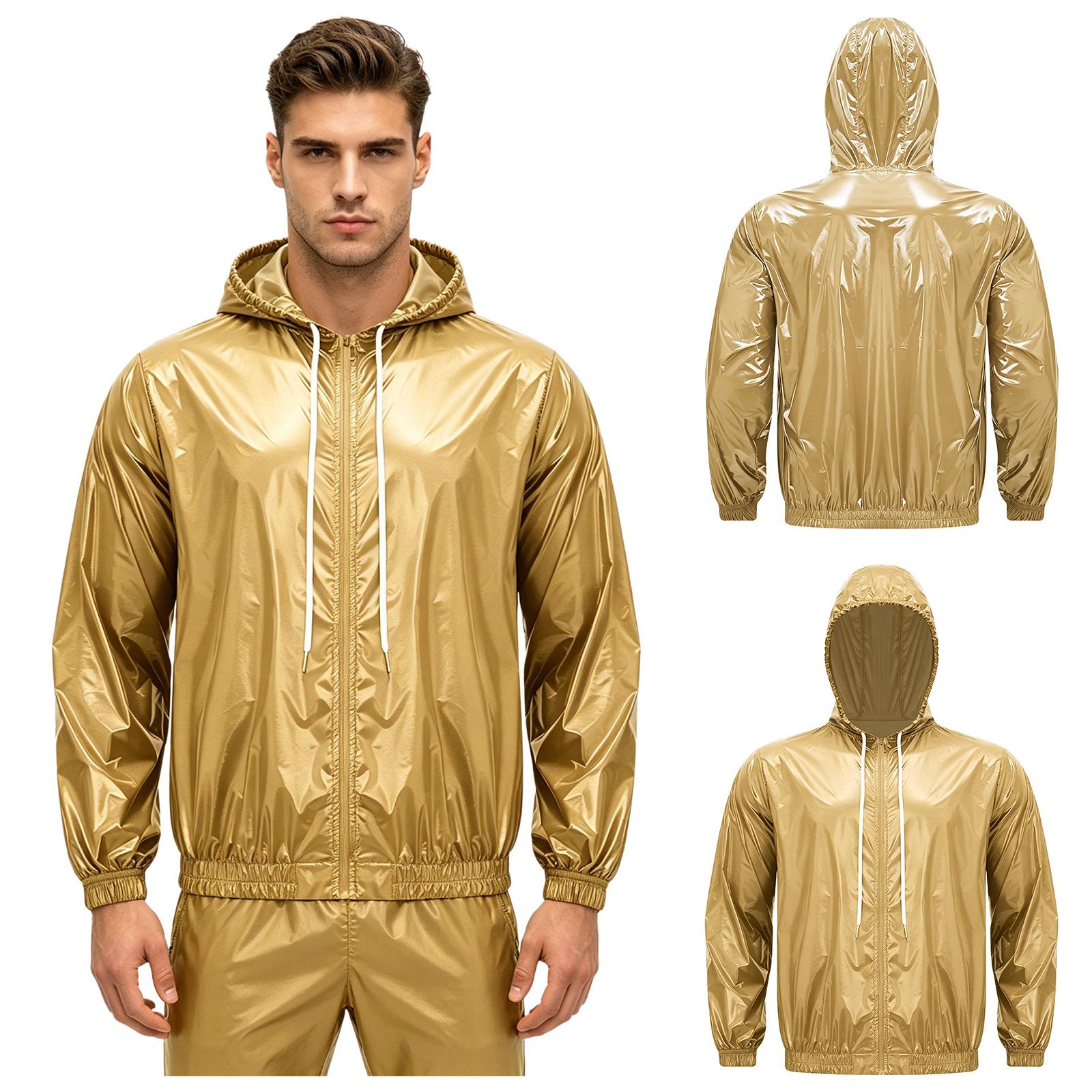 

Mens Waterproof Hooded Jacket Long Sleeve Front Zip Up Drawstring Hood Windbreaker Raincoat S