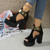 Plus Size Women'S Fashion Platform High Heel Sandals - Elegant Black Thick Sole Slip-On Dress Shoes with Golden Buckle Straps, Comfortable