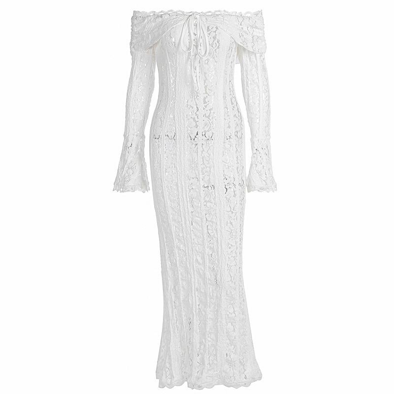 Autumn French Temperament Lace Long Dress One-word Shoulder Horn Sleeve Tube Top Dress Dress