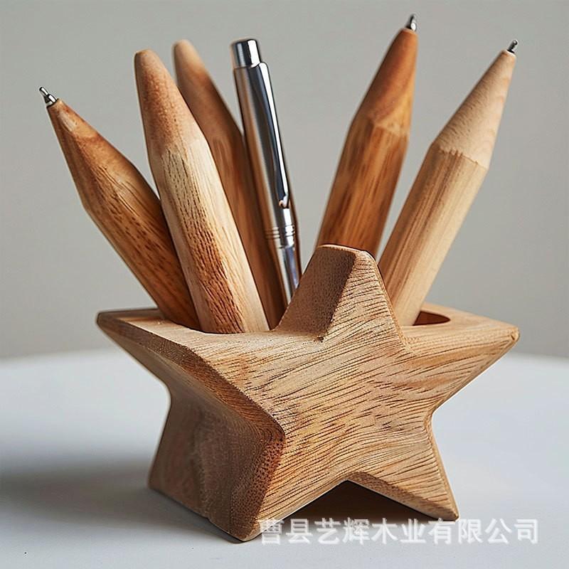 Wooden Pen Holder, Pentagram, Solid Wood Pen Holder, Office Desktop Storage Box, Desk Ornament, Wooden Handicrafts