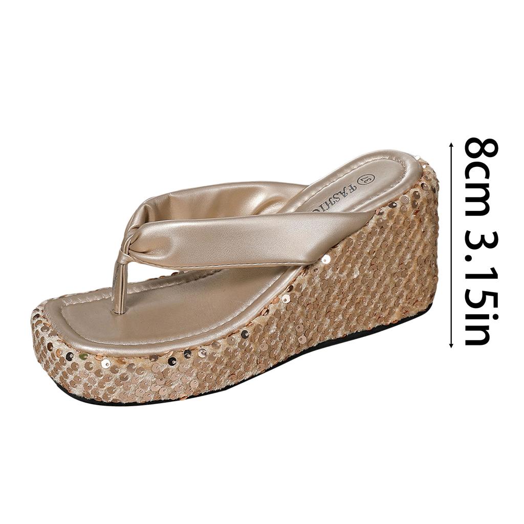 Sparkling Women Chunky Flip Flops Summer Square Toe Slides Beach Outdoor Slippers Solid Thong EVA 8cm High Heel Platform