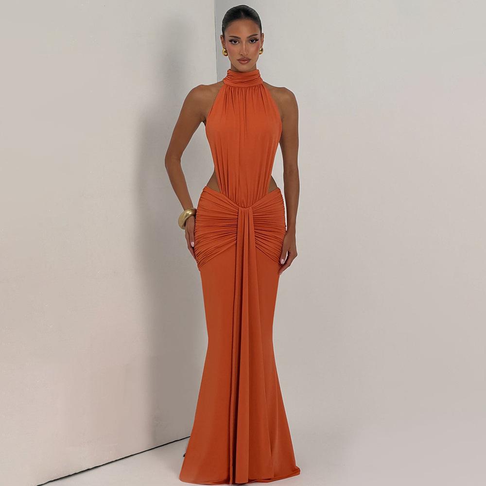 Sexy and elegant neck halter dress waist hollow pleats slim fishtail dress dress