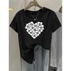 Womens Black White Tee Geometric Floral Print Heart Pattern Loose Round Neck Short Sleeve Lightweight Soft Comfortable Spring