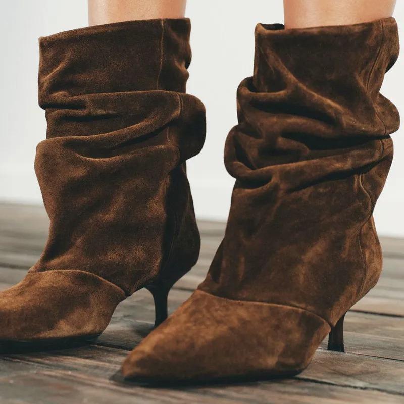 Winter Pointed Toe Ankle Boots Women Pleated Short Boots Elegant Designer Ankle Boots for Women Size 35-42