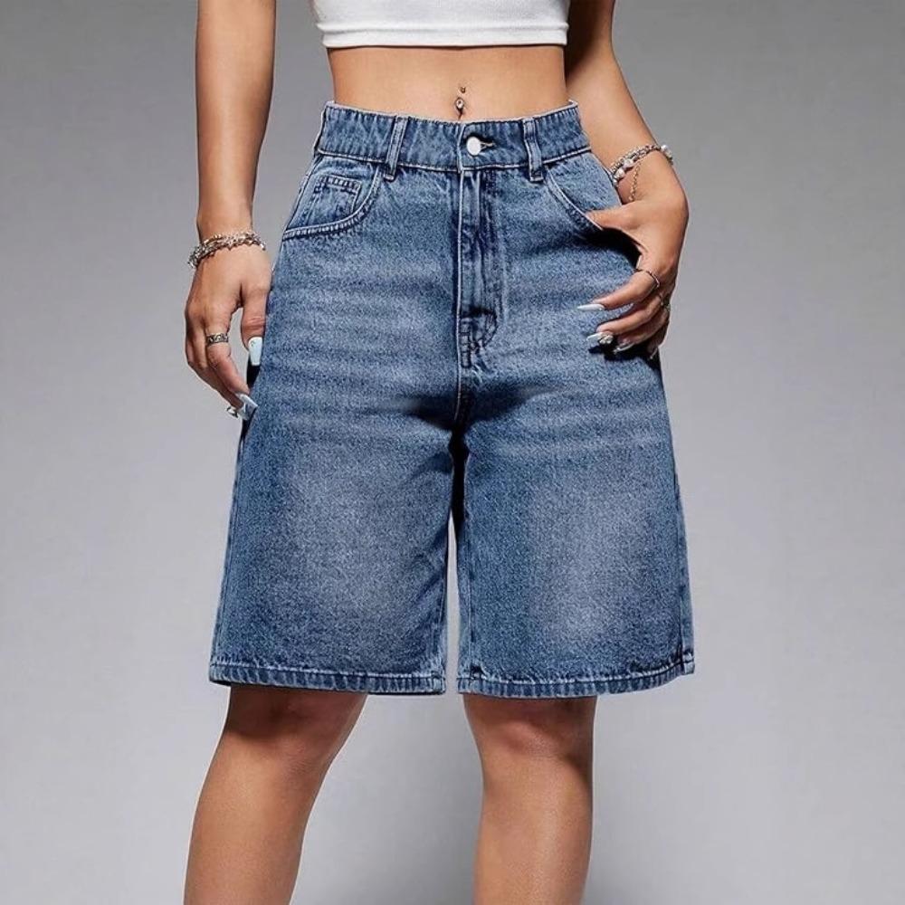 Women's Mid Rise Bermuda Shorts Loose Fit Streetwear Washed Denim Shorts Solid Color Wide Leg Jeans